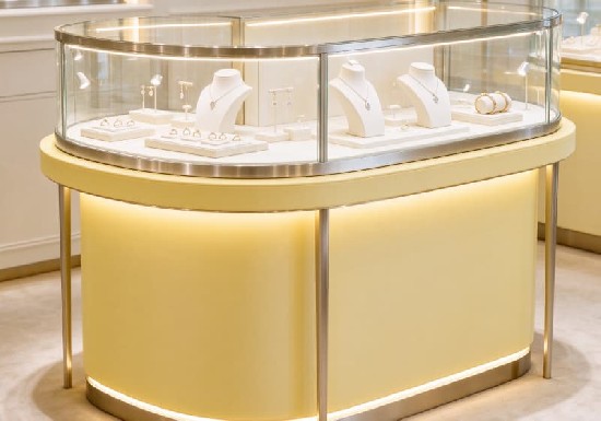 Pastel Yellow L‑Shape Curved Glass Jewelry Island Showcase