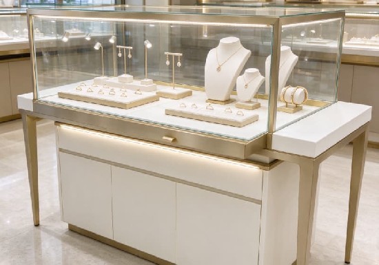 Luxury White‑Gold Tone Rectangular Jewelry Display Counter For High‑End Boutique