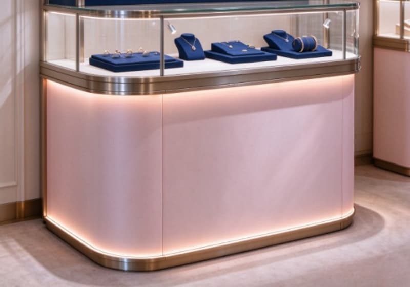 Soft Pink Curved Corner Jewelry Island Showcase With Brushed Metal Trim