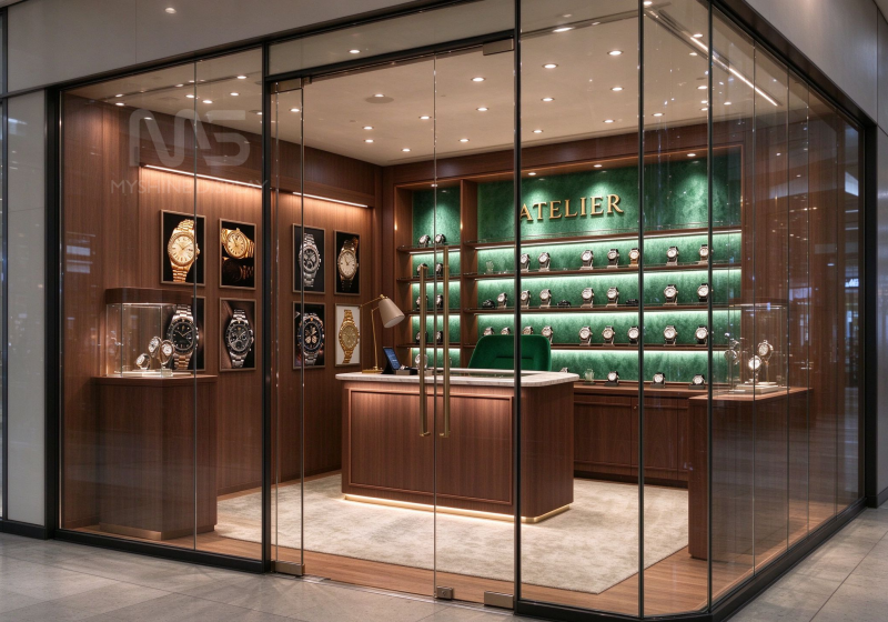 Small Watch Boutique Interior | Emerald Green Backlit Wall Display + Walnut Sales Counter