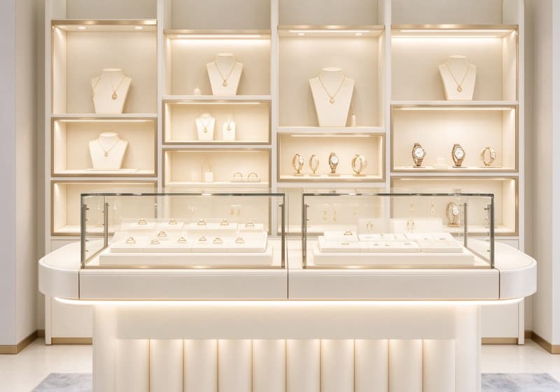Cream White Fluted Base Modular Jewelry Island Counter Display