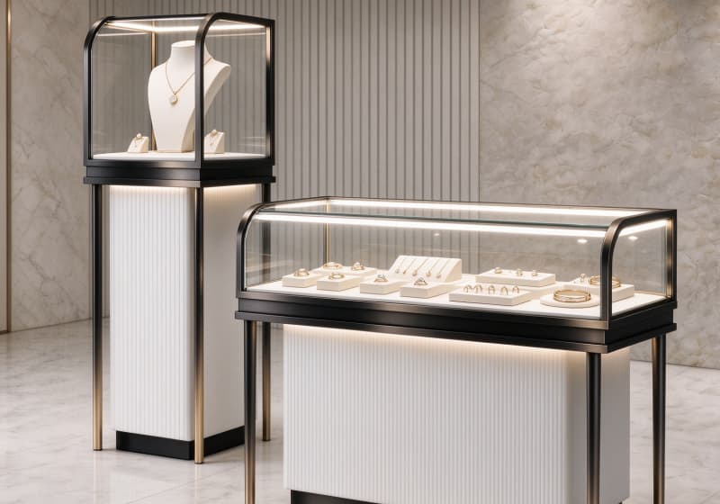 Modern Black Metal Frame Fluted White Jewelry Display Counter And Pedestal Set