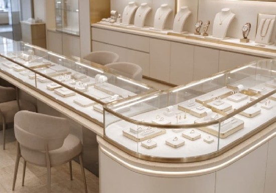 Elegant Cream Gold Trim Complete Jewelry Store Interior Display Cabinet Solution