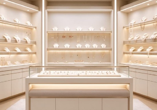 Soft Beige Minimalist Full‑Set Jewelry Boutique Interior Display Cabinet Solution