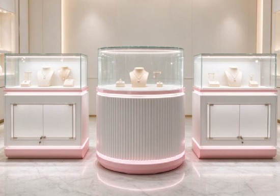Cute Pink White Round Jewelry Island Display Cabinet Set