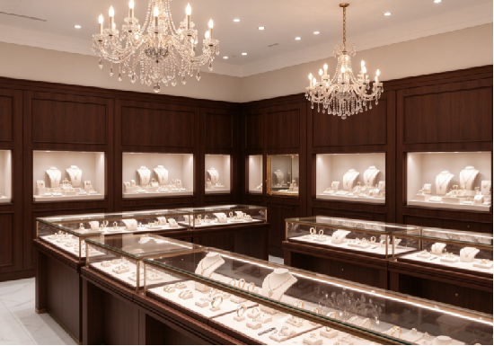 Classic Dark Wood Luxury Jewelry Store Fit-out, Built-in Wall Niches & Glass Top Jewelry Island Counters