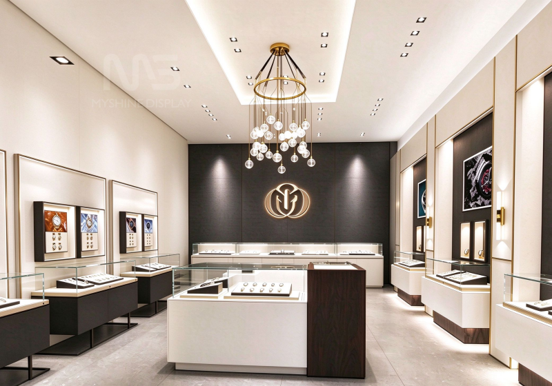 Modern Watch & Jewelry Boutique Display Suite — White & Black Contrast with Gold Accents