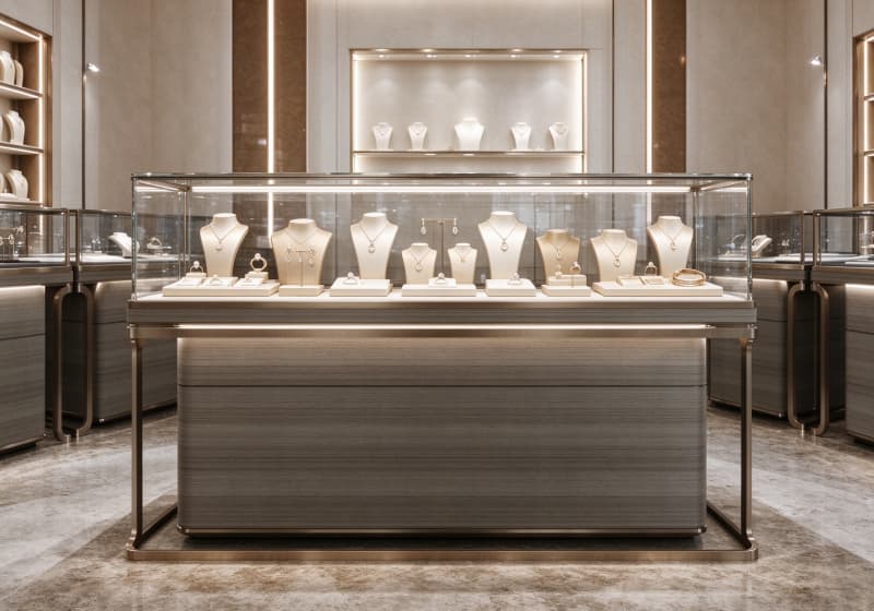 Brushed Metal Luxury Jewelry Center Island Display Case