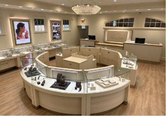 Curved Cream Jewelry Boutique Interior, Custom Curved Glass Display Counters & Central Layout