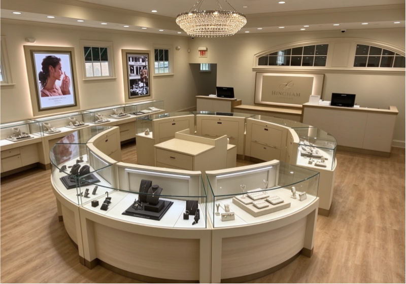 Curved Cream Jewelry Boutique Interior, Custom Curved Glass Display Counters & Central Layout