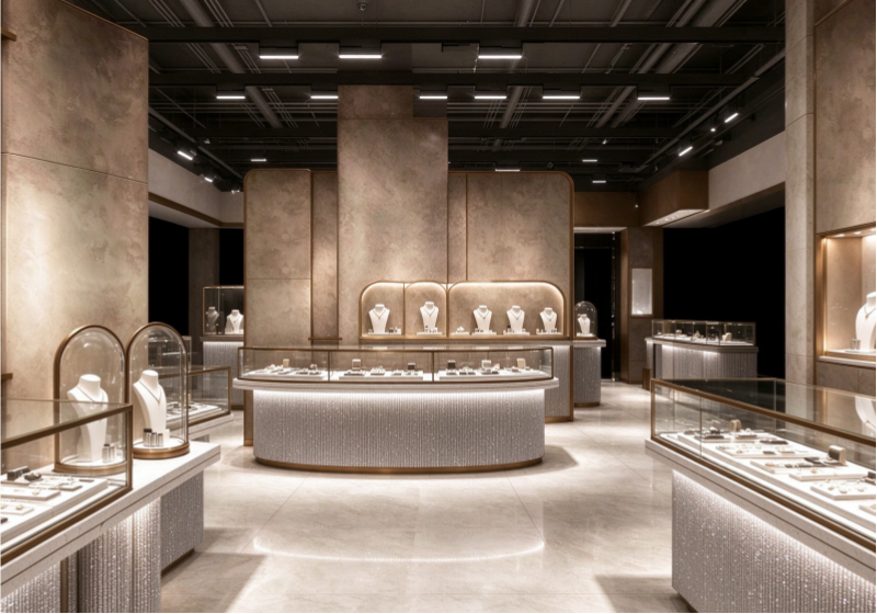 Modern Luxury Jewellery Store Fit-out, Textured Curved Display Counters with Brass Trim