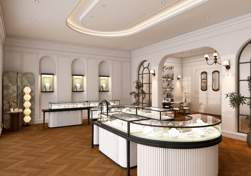 French Classic Vintage Jewelry Store Interior | Custom Curved Jewelry Display Counters