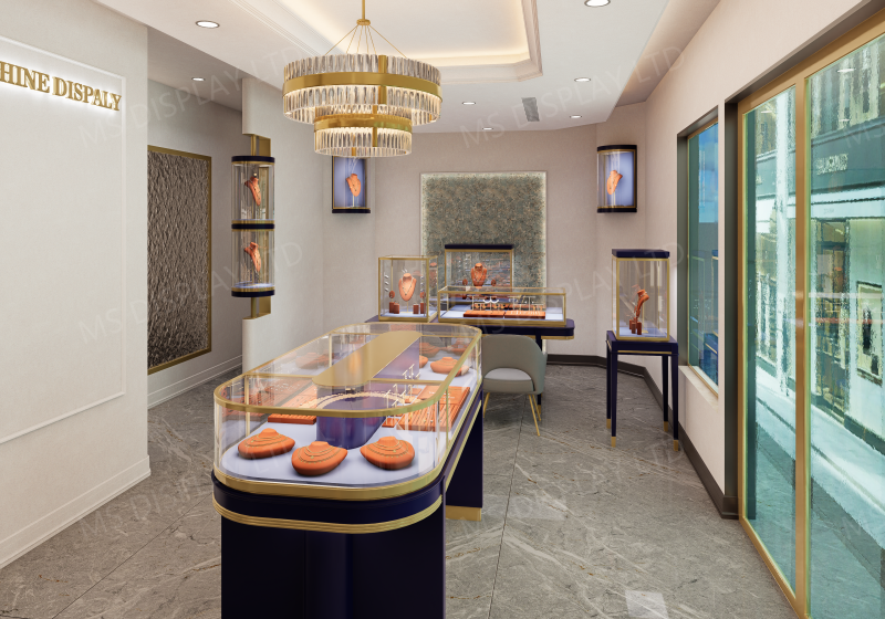 Modern Luxury High-End Jewelry Boutique Design | Navy Blue & Gold Jewellery Display Counters